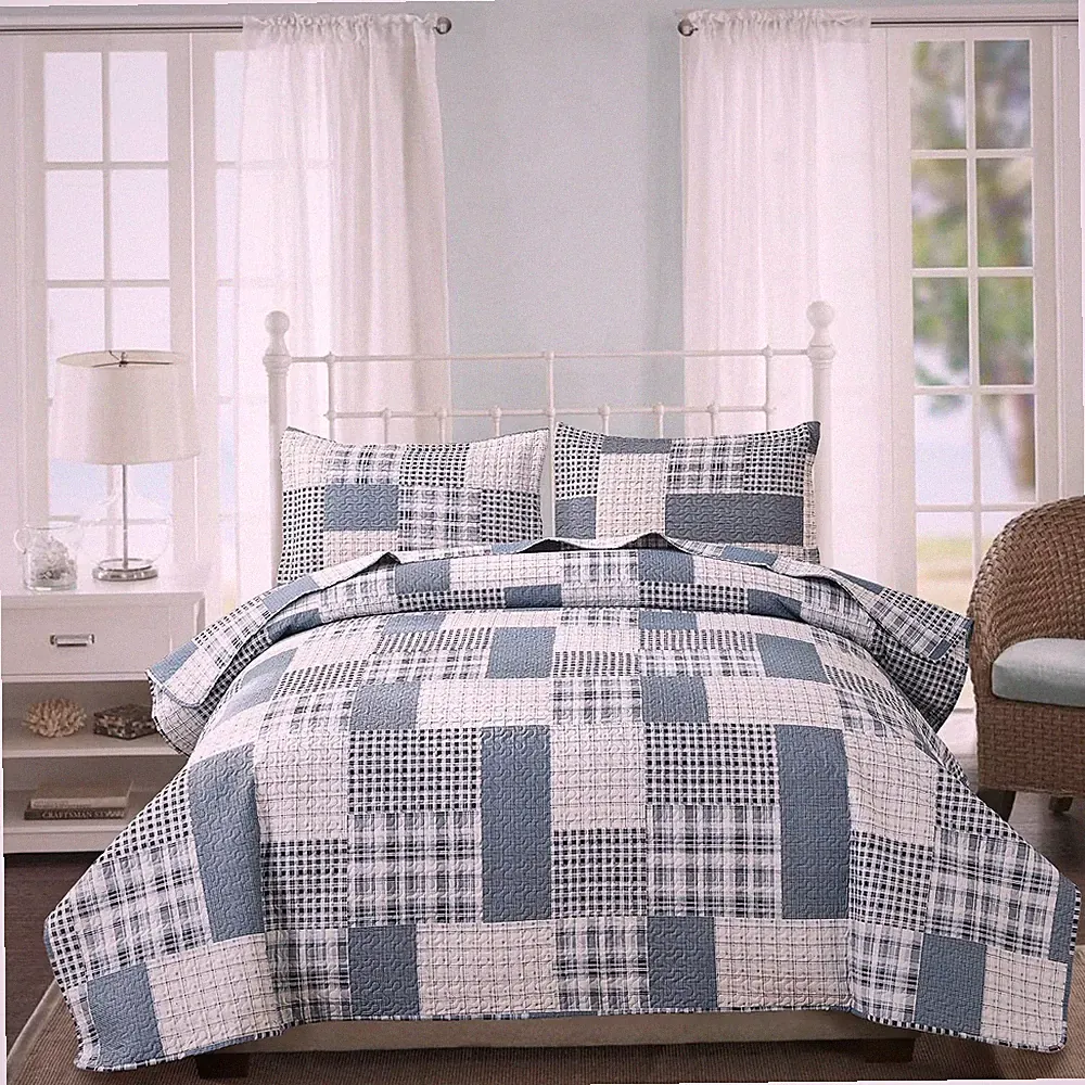 3-Piece Plaid Quilt Set King Size, Lightweight Soft Summer Bedding Set, Blue...