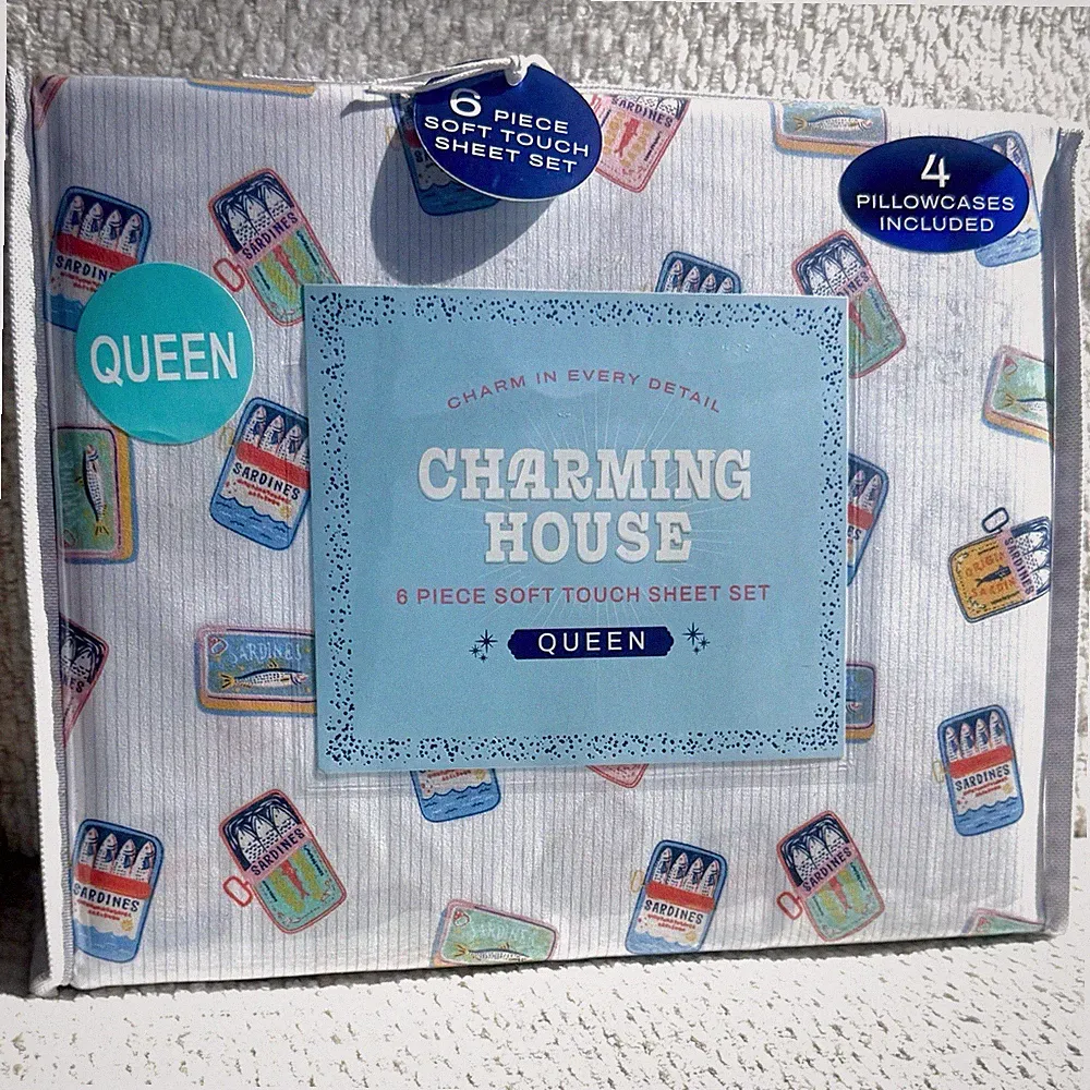 Charming House Sardine Sheet Set Queen 6pc Euro Summer Bedding Coastal Decor NWT