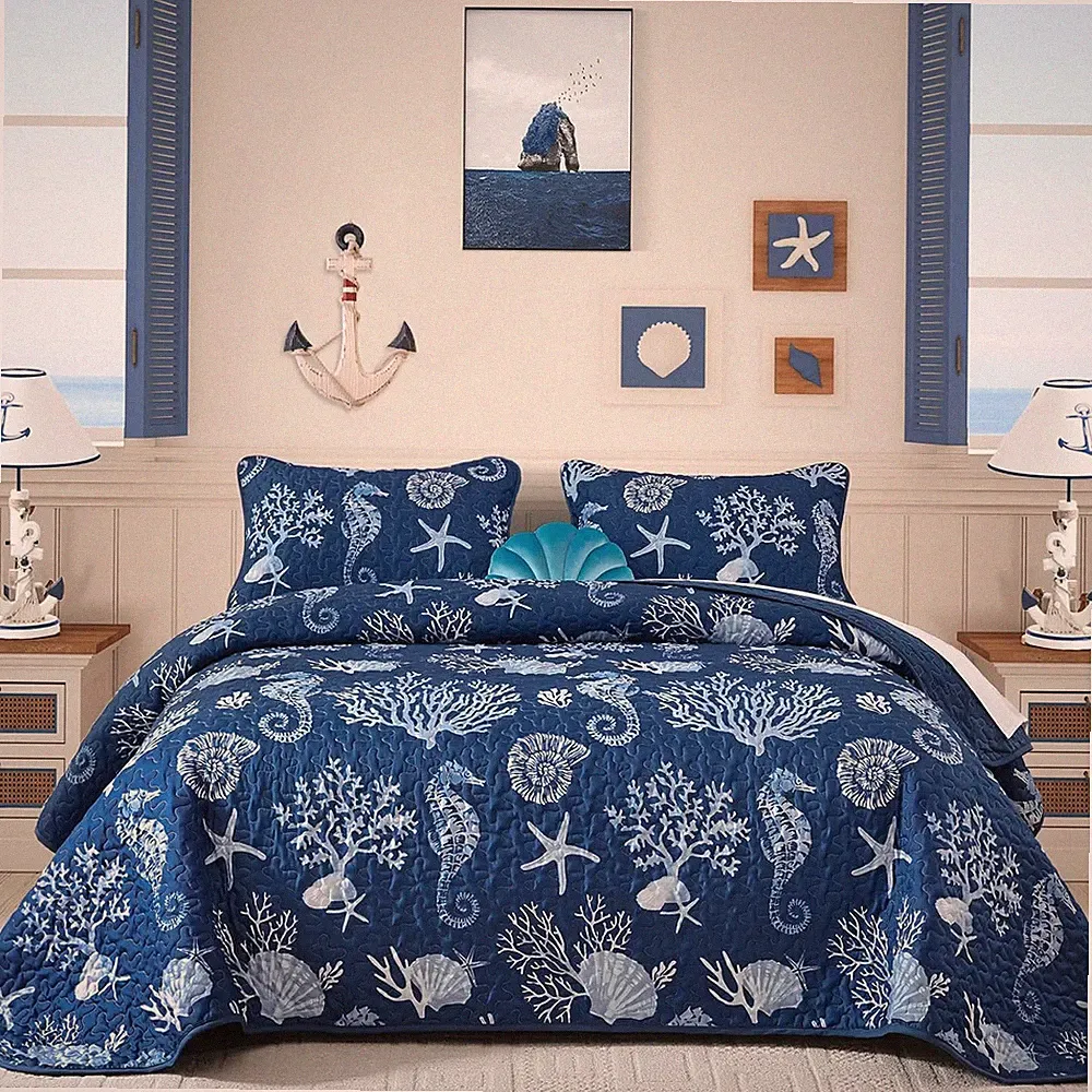 Coastal King Size Quilt Set 3 Pcs, Summer Blue Beach Theme Quilts with Pillowcas