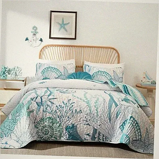 Coastal Quilts Bedding Set Size,3 Piece Summer Green King Aqua Green Ocean