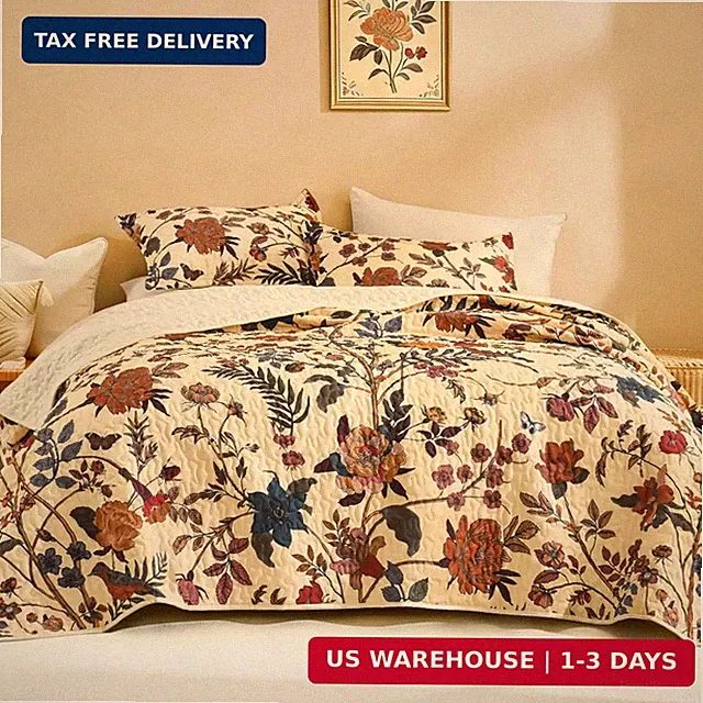 Floral Beige Quilt Queen Size - 3 Pieces Summer Botanical Birds Pattern