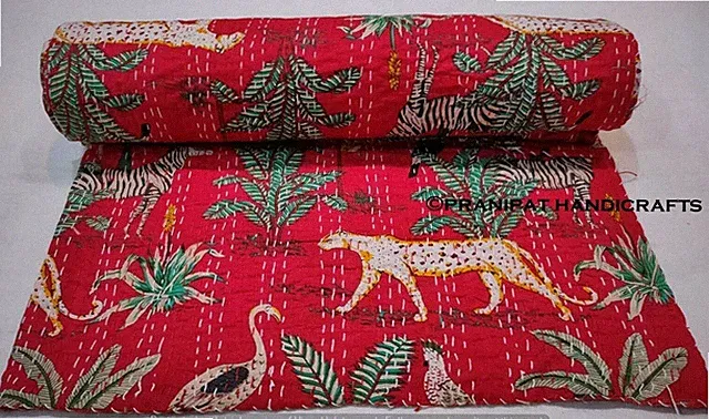 Indien Queen Animal Print Blanket Red Summer Cotton Home D?cor Kantha Quilt