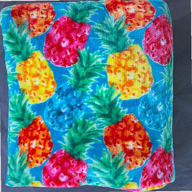 Isaac Mizrahi Tropical Summer Pineapple Throw Blanket MicroFleece Blue Pink Cozy