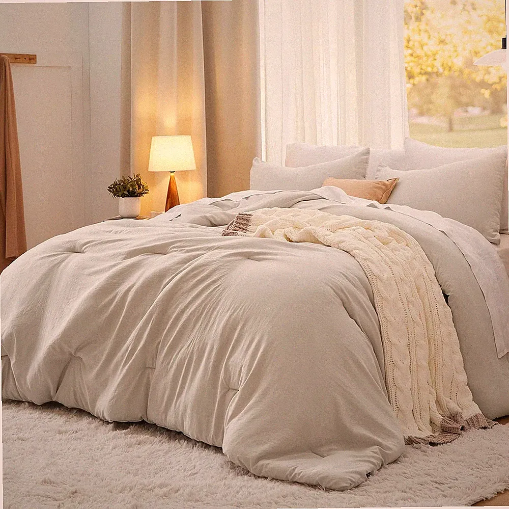 Oversized King Comforter Set, Beige Soft Prewashed Bedding for All Seasons, 3 Pi