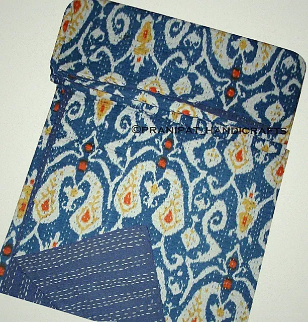Queen Ikat Print Summer Blue Boho Kantha Quilt Cotton Throw Dorm D?cor Blanket