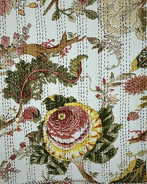 Queen White Rose Floral Print Summer Kantha Quilt Cotton Home Dorm D?cor Blanket