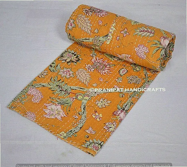 Queen Yellow Floral Printed Summer Kantha Quilt Cotton Home Dorm D?cor Blanket