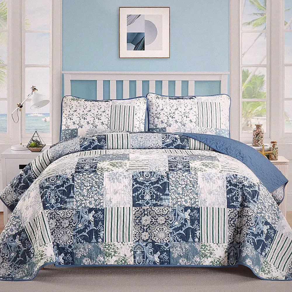 Quilt Set King Size, Blue White Patchwork Pattern Summer Bedspread Bedding Set