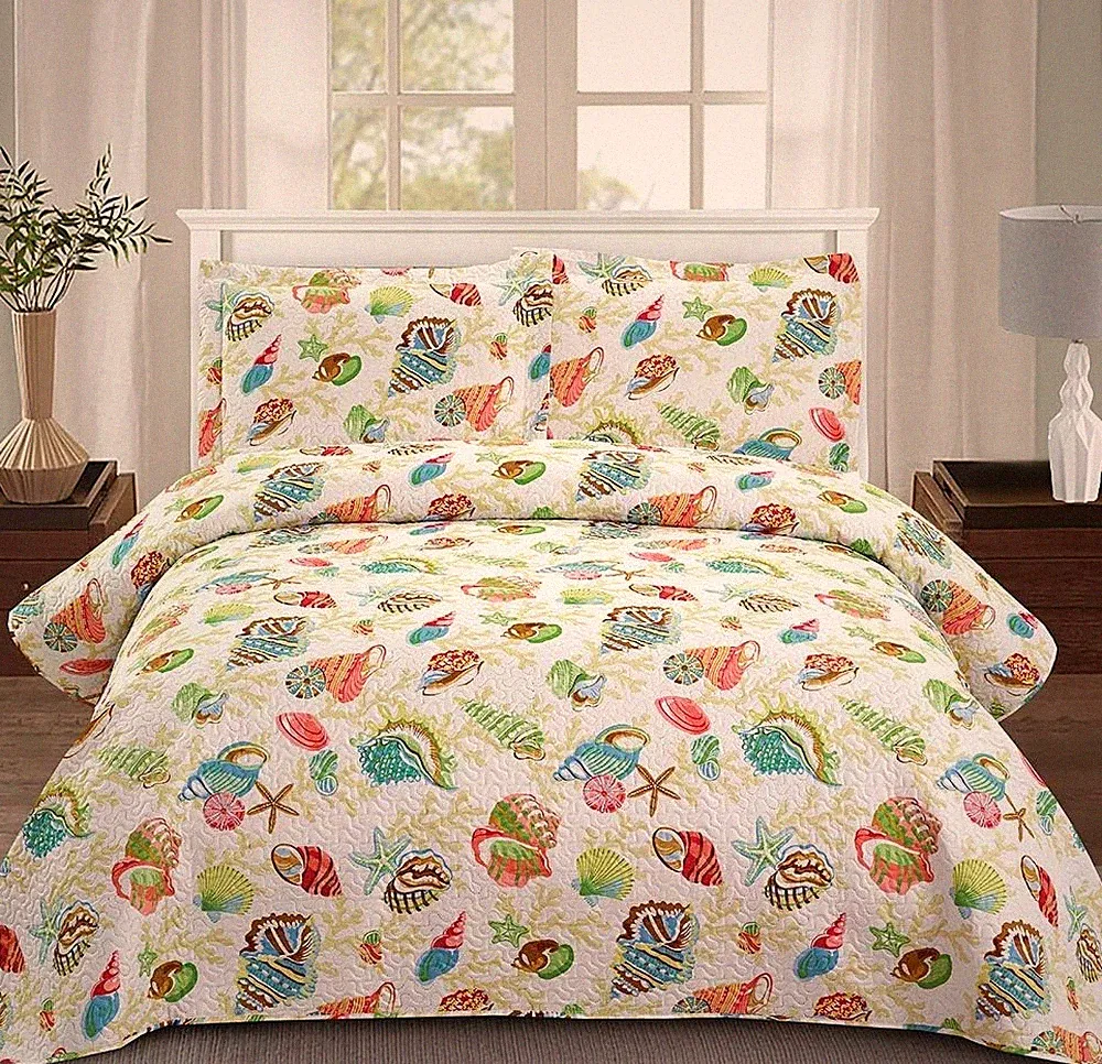 Quilt Set Queen Size Beach Bedding Queen Bedspread Coverlet Coastal Ocean Quilt