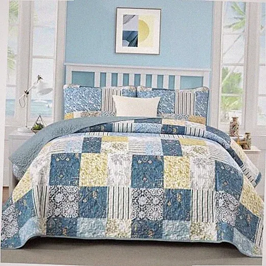 Quilts Size Patchwork Pattern Summer Bedspread Bedding Set, Queen Blue Yellow