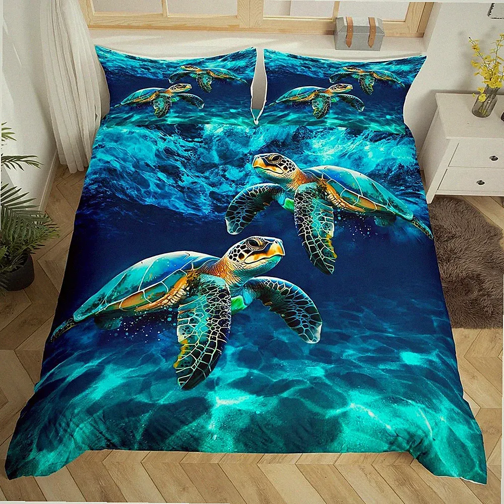 Sea Turtle Duvet Cover King Size,Hawaii Tropical Marine Life Bedding Set 3Pcs fo