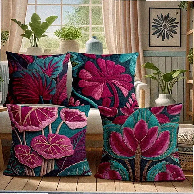 Set of 4 Floral Multicolor Linen Pillow Cases Decor Tropical Coastal Summer