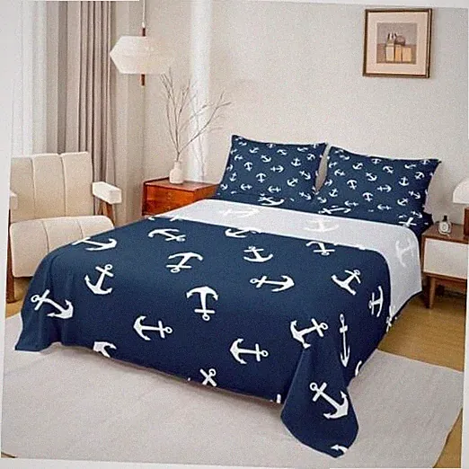 Summer Anchor Sheet Set Queen Size, Nautical QUEEN (W60*L80*H16") Navy Blue