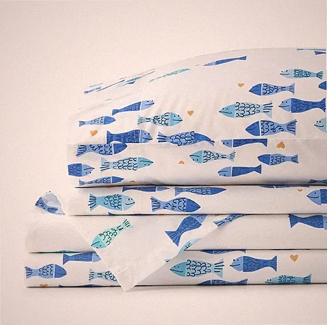 Summer Prints Classic Cool Cotton Percale Bed Sheet Set - Fish Swim, Twin