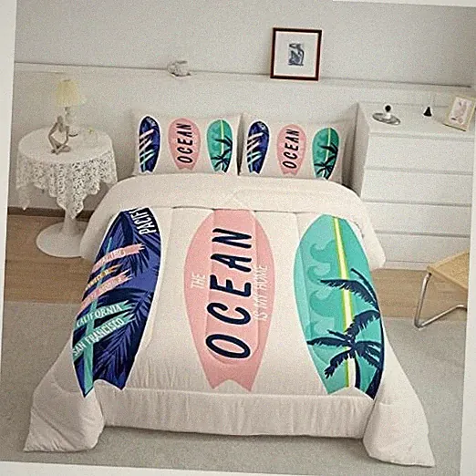 Surfboard Bedding Set Queen Size Summer Sea Surfing Theme Comforter Set 3pcs